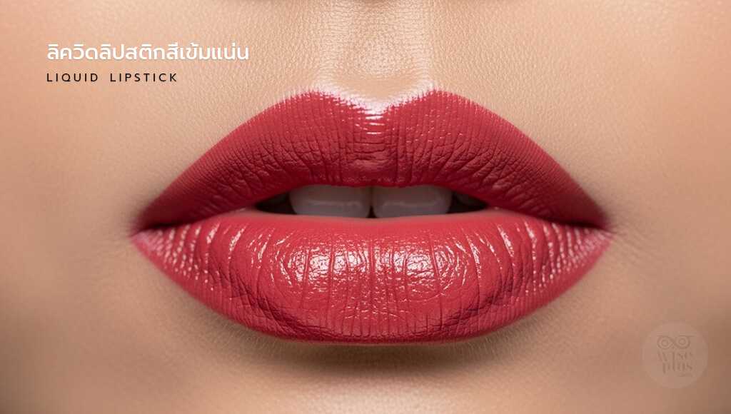 ลิควิดลิปสติกสีเข้มแน่นบนริมฝีปาก