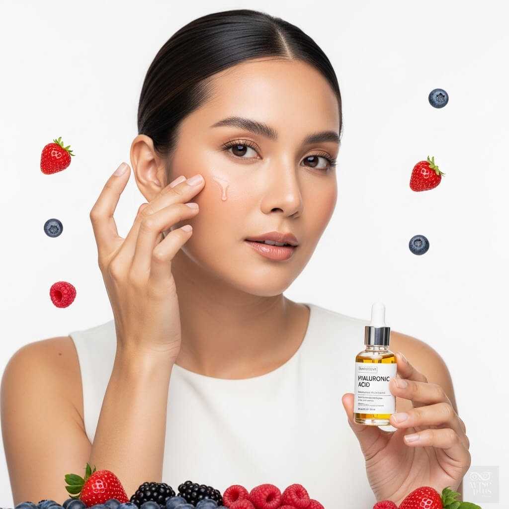 ผู้หญิงทาเซรั่มไฮยาลูโรนิคแอซิดพร้อมผลไม้ตระกูลเบอร์รี่ บำรุงผิวให้ชุ่มชื้นและกระจ่างใส