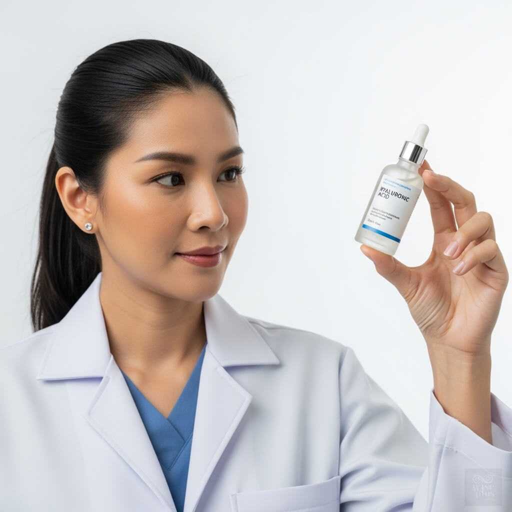นักวิจัยหญิงถือขวดเซรั่มไฮยาลูโรนิคแอซิดสำหรับทดสอบคุณภาพและความปลอดภัยในสกินแคร์