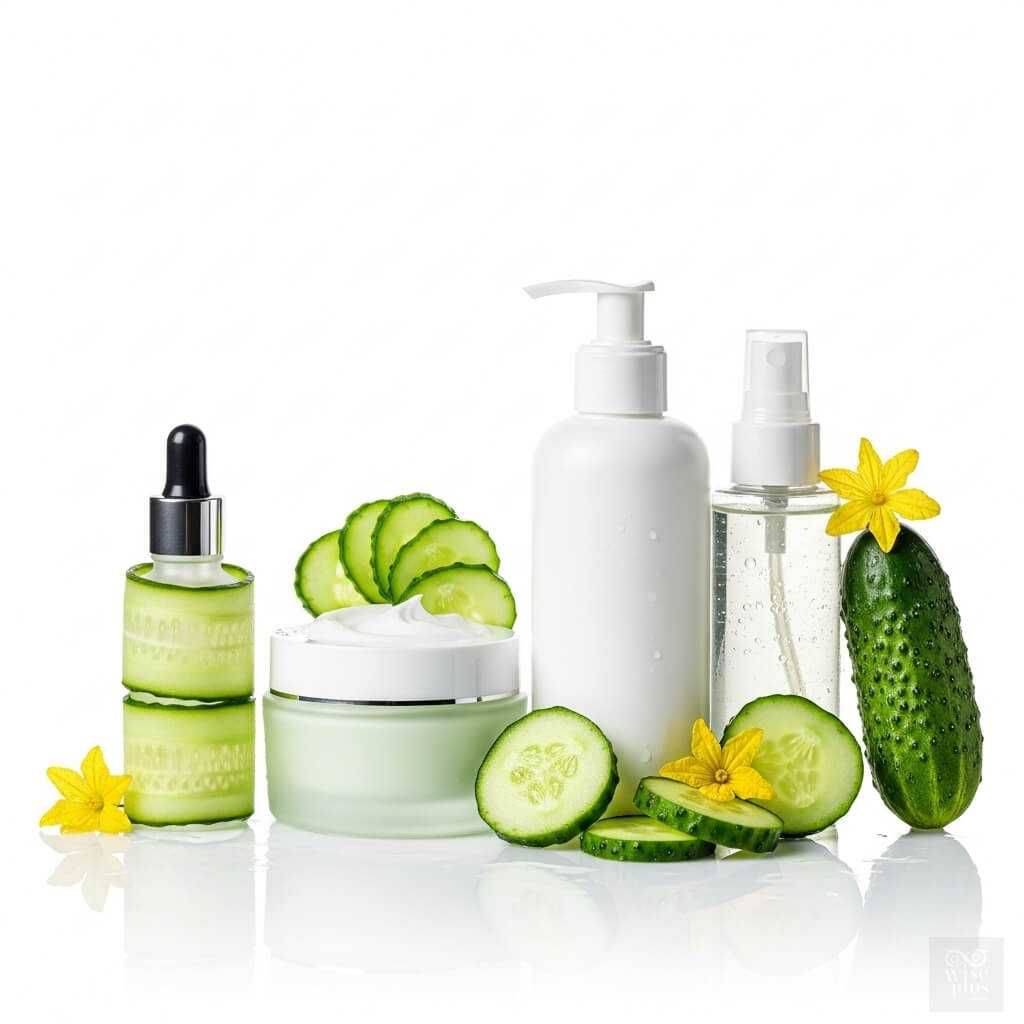 ขวดสกินแคร์จากสารสกัดแตงกวา 4 แบบพร้อมผลและชิ้นแตงกวาตกแต่ง