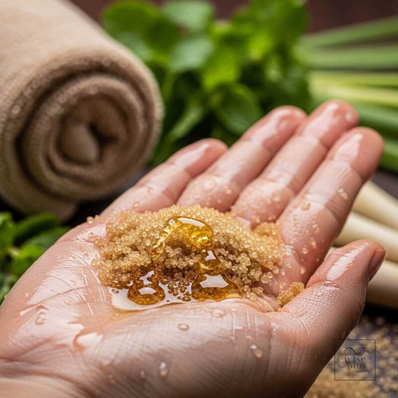 เนื้อสัมผัสของสครับน้ำตาลละเอียด อ่อนโยนต่อผิวแพ้ง่าย