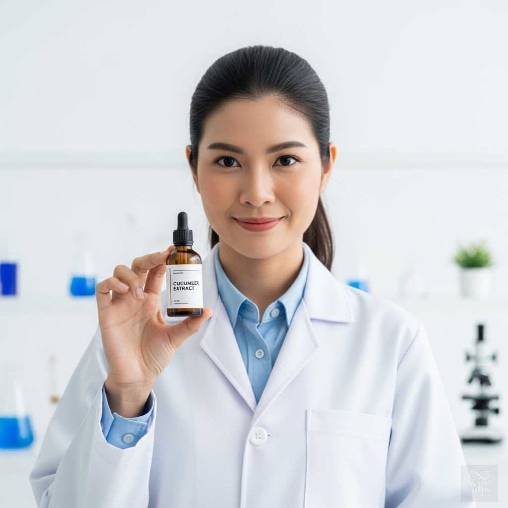 นักวิจัยสาวไทยถือขวดสารสกัดแตงกวาในห้องแล็บ