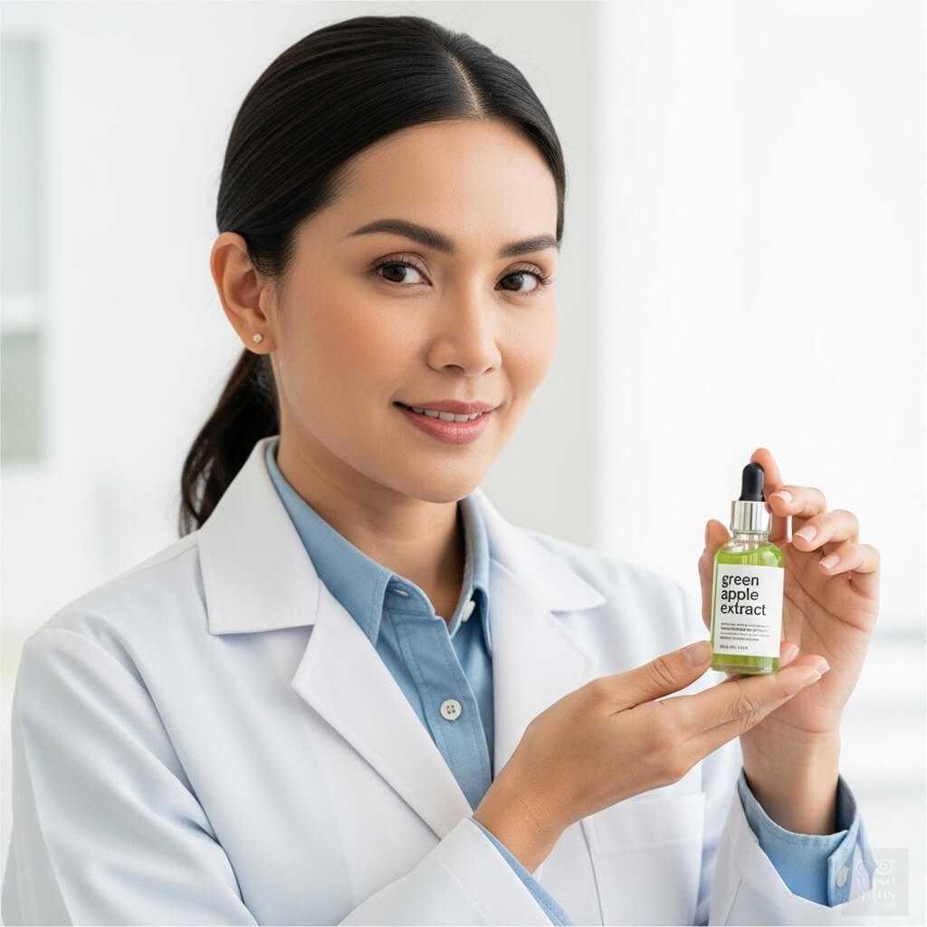 นักวิจัยสาวไทยถือขวดสารสกัดแอปเปิ้ลเขียว