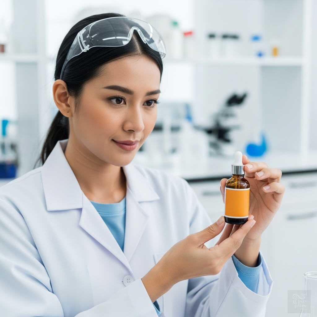 นักวิจัยกำลังตรวจสอบสูตรเซรั่ม Ascorbyl Glucoside ในห้องปฏิบัติการ