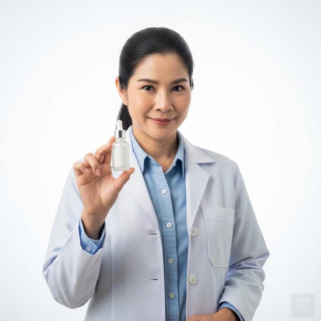 นักวิจัยถือเซรั่มอัลฟ่าอาร์บูตินเพื่อผิวกระจ่างใสอย่างปลอดภัย