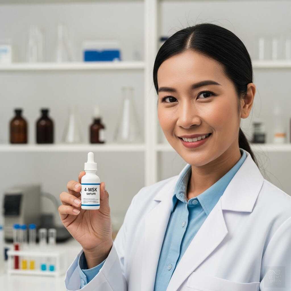 นักวิจัยถือขวดเซรั่ม 4-MSK สำหรับลดฝ้าและผิวกระจ่างใส