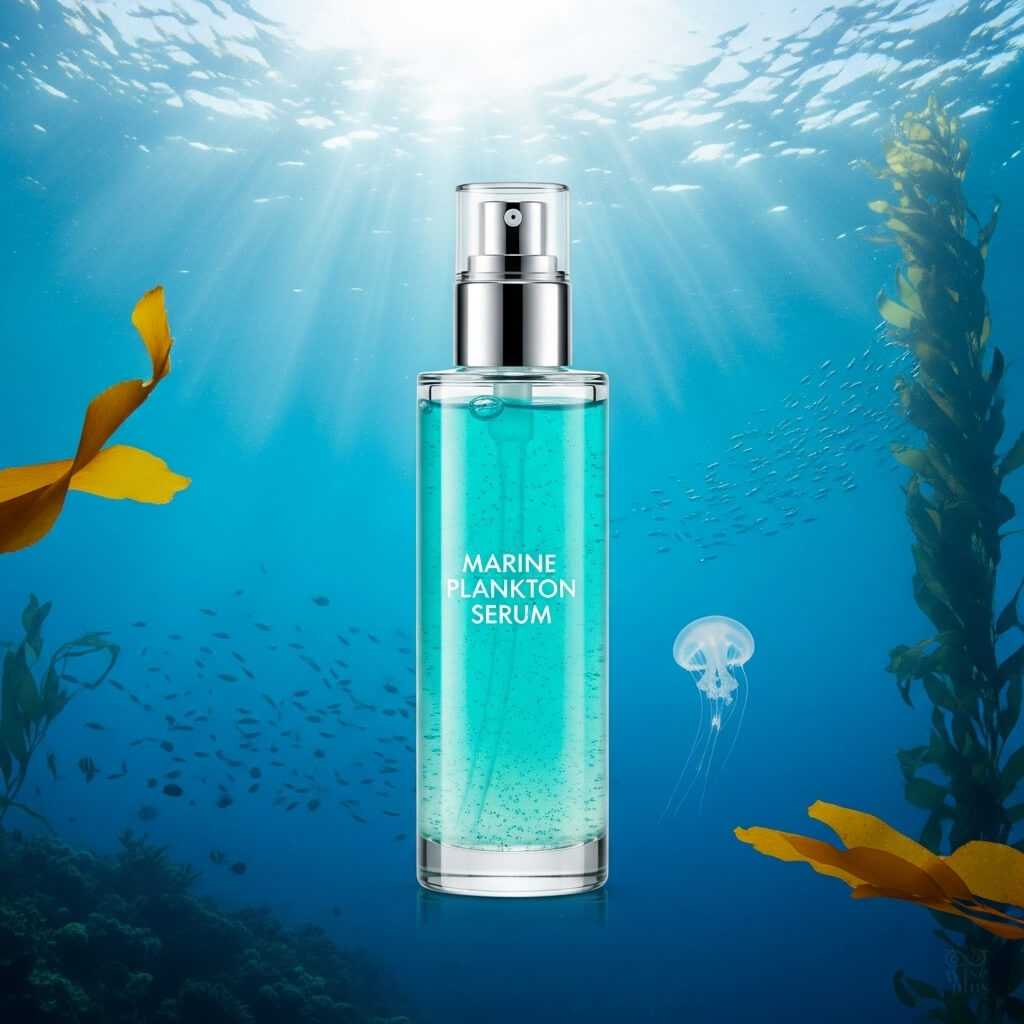 ขวดเซรั่มสารสกัดแพลงก์ตอนทะเลบำรุงผิวชุ่มชื้นในบรรยากาศใต้น้ำ