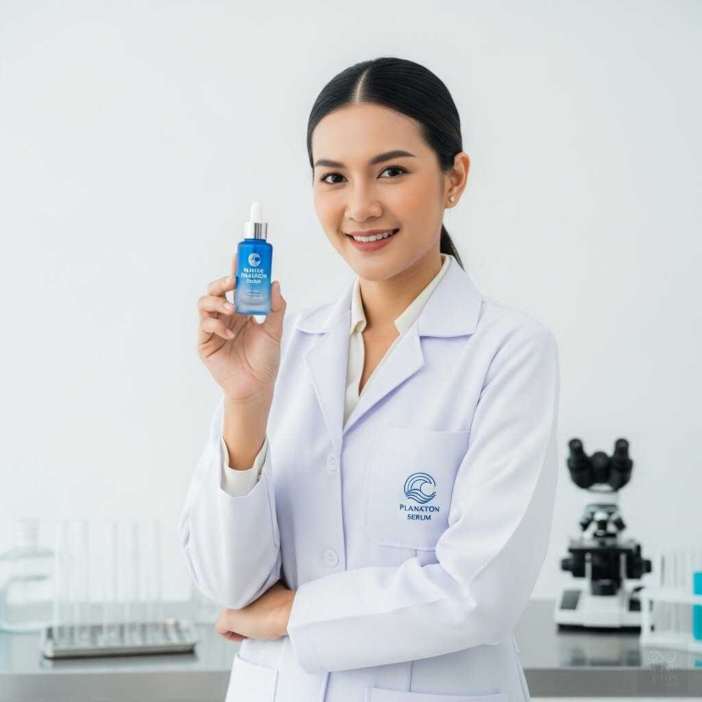 นักวิจัยสาวไทยถือขวดเซรั่ม Marine Plankton