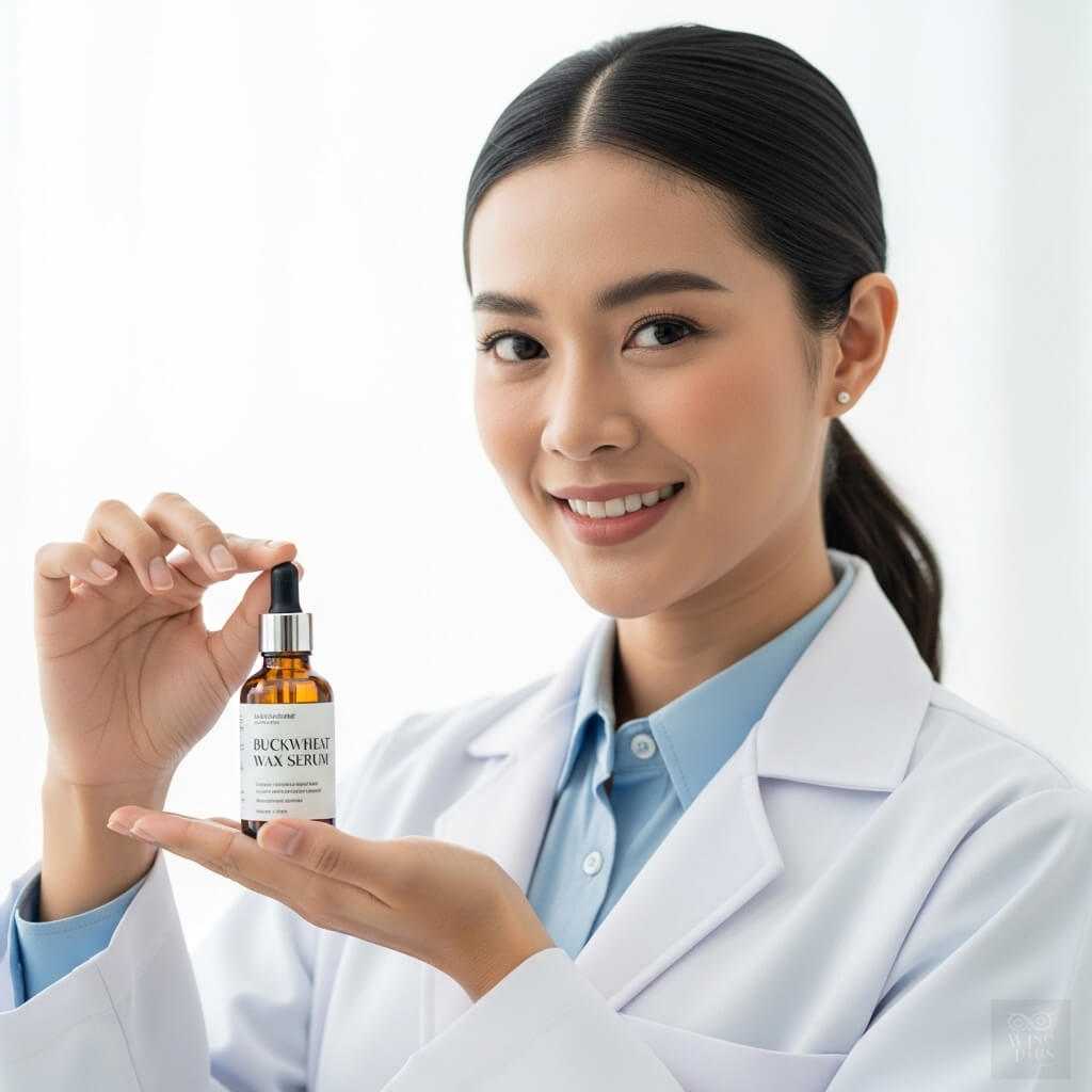 หญิงชาวไทยในเสื้อกาวน์นักวิจัยกำลังถือขวดเซรั่มบัควีทแว็กซ์