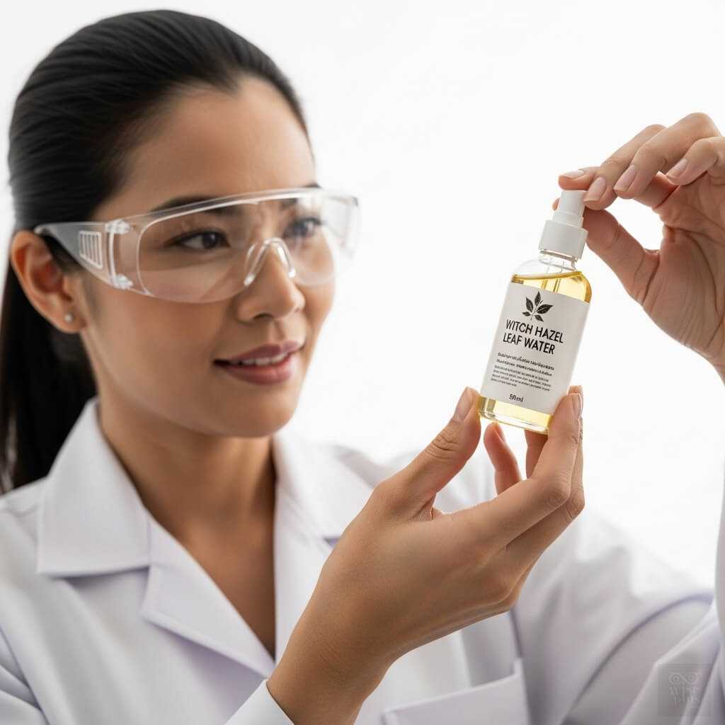 นักวิจัยไทยถือขวด Witch Hazel Leaf Water สารสกัดใบฮาเซลลดความมันและปลอบประโลมผิว