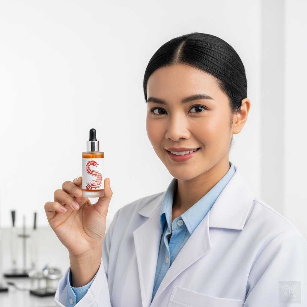 นักวิจัยสาวไทยถือขวดสารสกัด Dragon Blood Extract