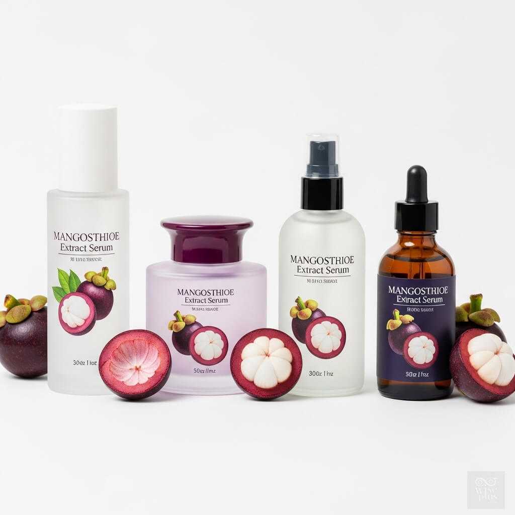 ขวดสกินแคร์สารสกัดมังคุด 4 ขวดตกแต่งด้วยผลมังคุด