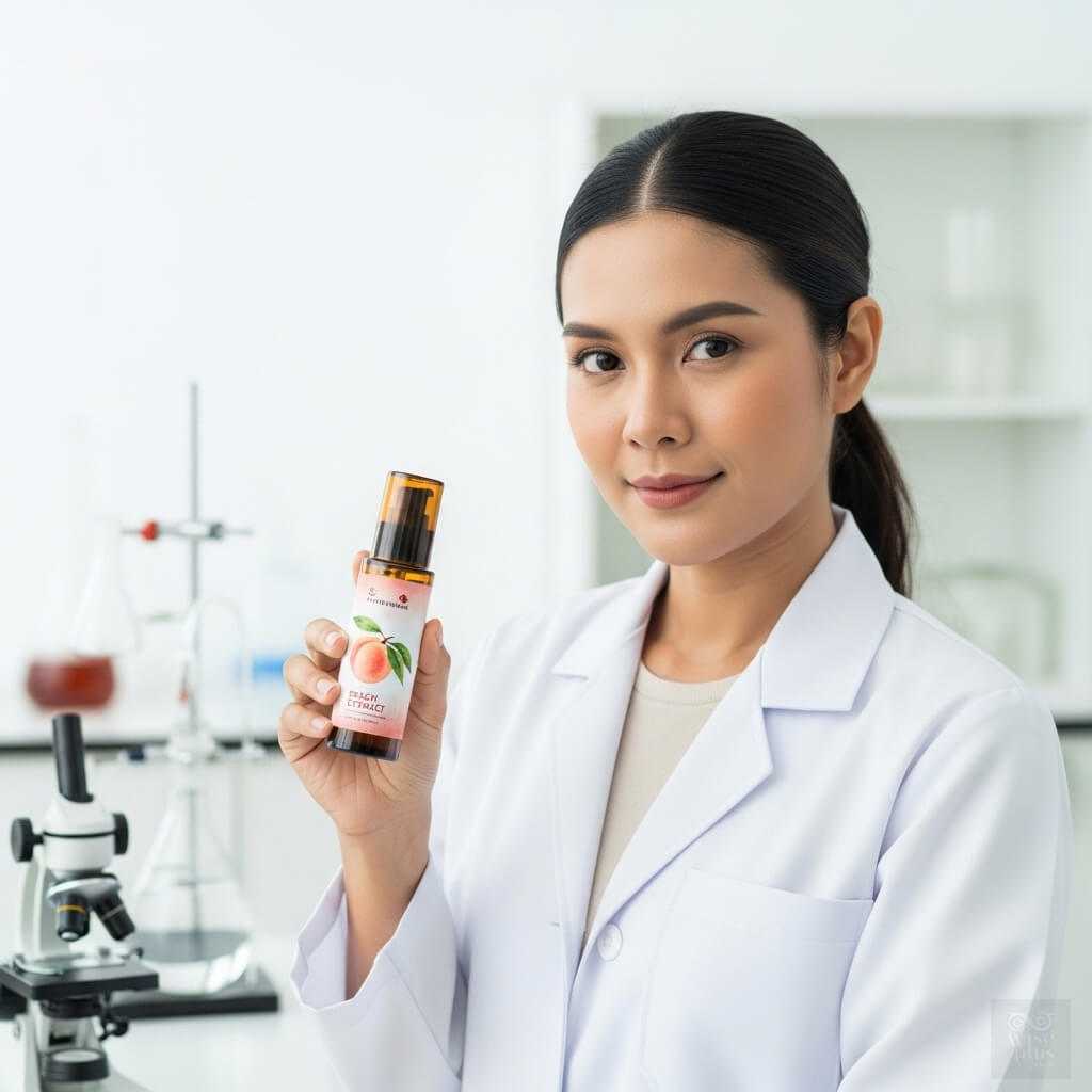 นักวิจัยสาวไทยถือขวดสารสกัดลูกพีช