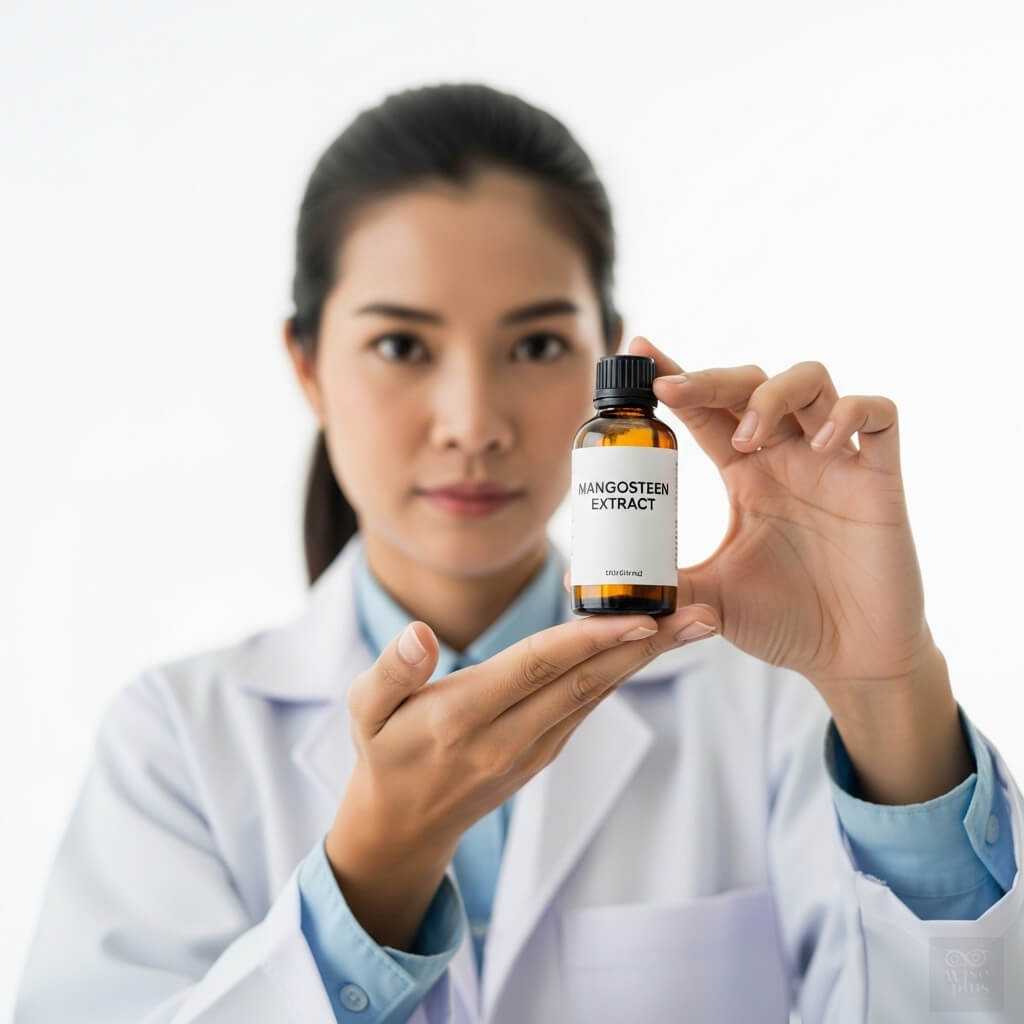 นักวิจัยสาวไทยถือขวดสารสกัดมังคุดในห้องแล็บ