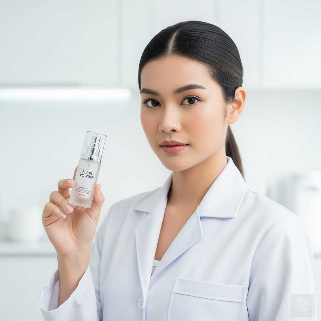 นักวิจัยสาวไทยถือขวดสารสกัดผงไข่มุก