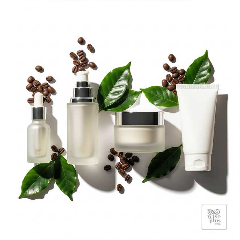 ขวดสกินแคร์ 4 แบบจากสารสกัดกาแฟตกแต่งด้วยเมล็ดกาแฟ