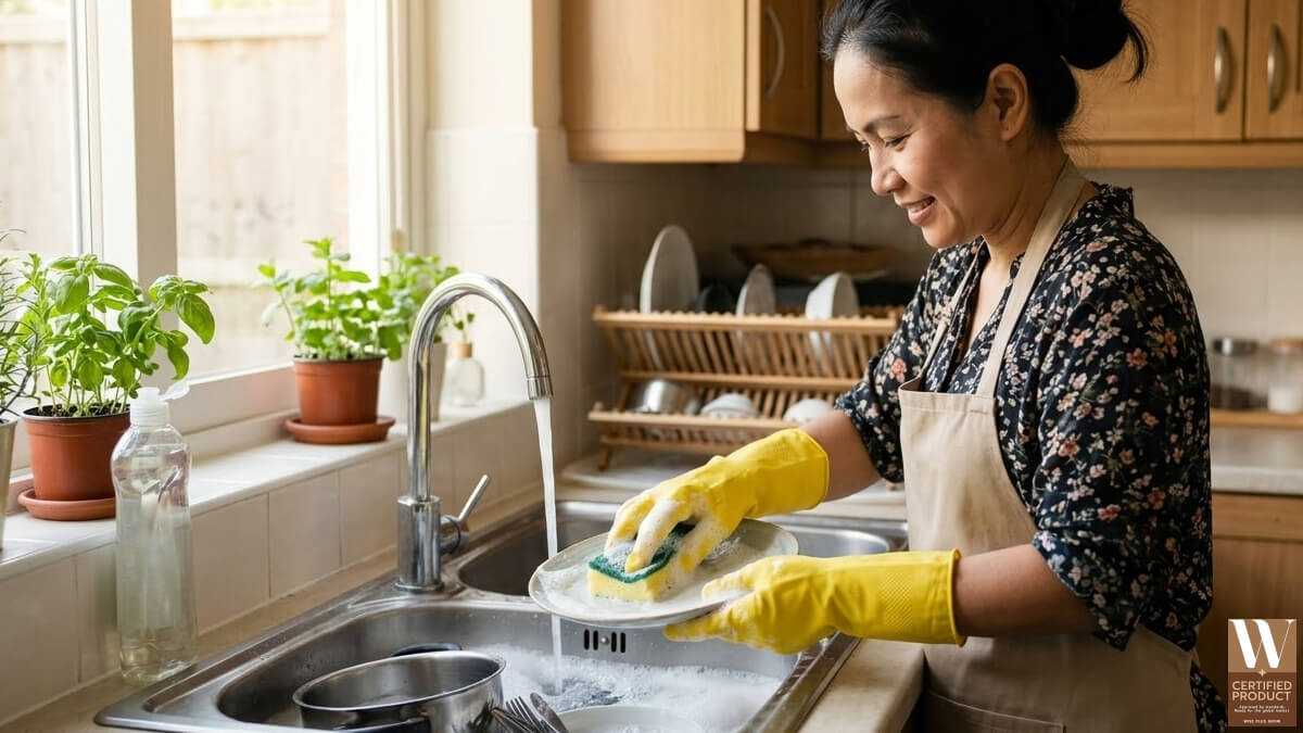 การใช้ถุงมือขณะล้างจานเพื่อลดการสัมผัสน้ำยาล้างจานและป้องกันผิวมือระคายเคือง