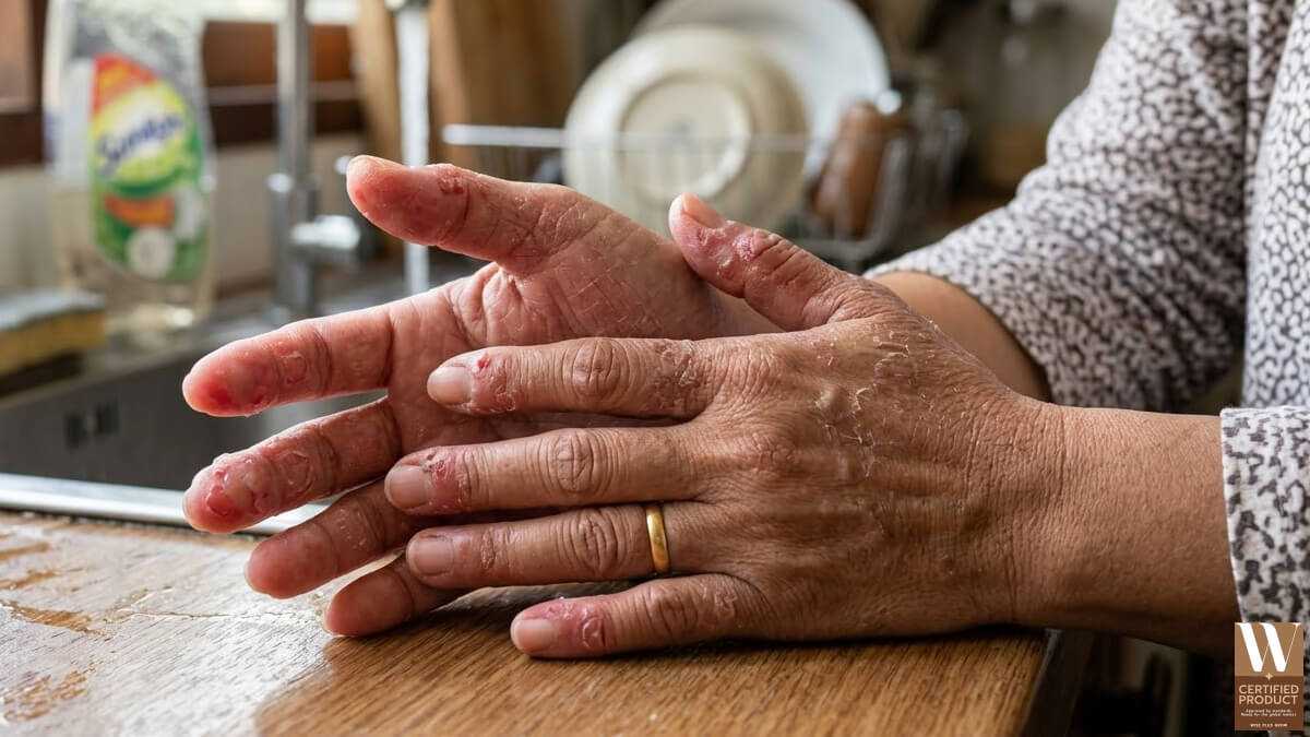 อาการแพ้น้ำยาล้างจาน มือแห้ง ลอก แดง คัน และผิวแตกบริเวณนิ้วมือ