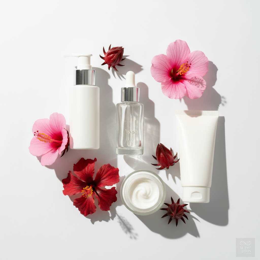 ขวดสกินแคร์ 4 แบบจากสารสกัดดอกชบาตกแต่งด้วยดอกชบา