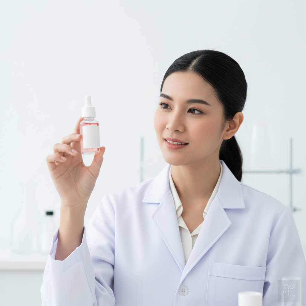 นักวิจัยสาวไทยถือขวดเซรั่มสารสกัดดอกชบา