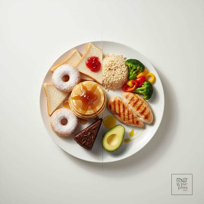 จานสมดุลโฮลเกรนโปรตีนผักเทียบจานคาร์บขัดสี