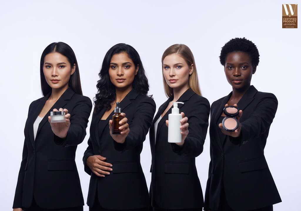 เจ้าของแบรนด์สกินแคร์ไทยและต่างชาติยืนเรียงหน้าตรงถือผลิตภัณฑ์