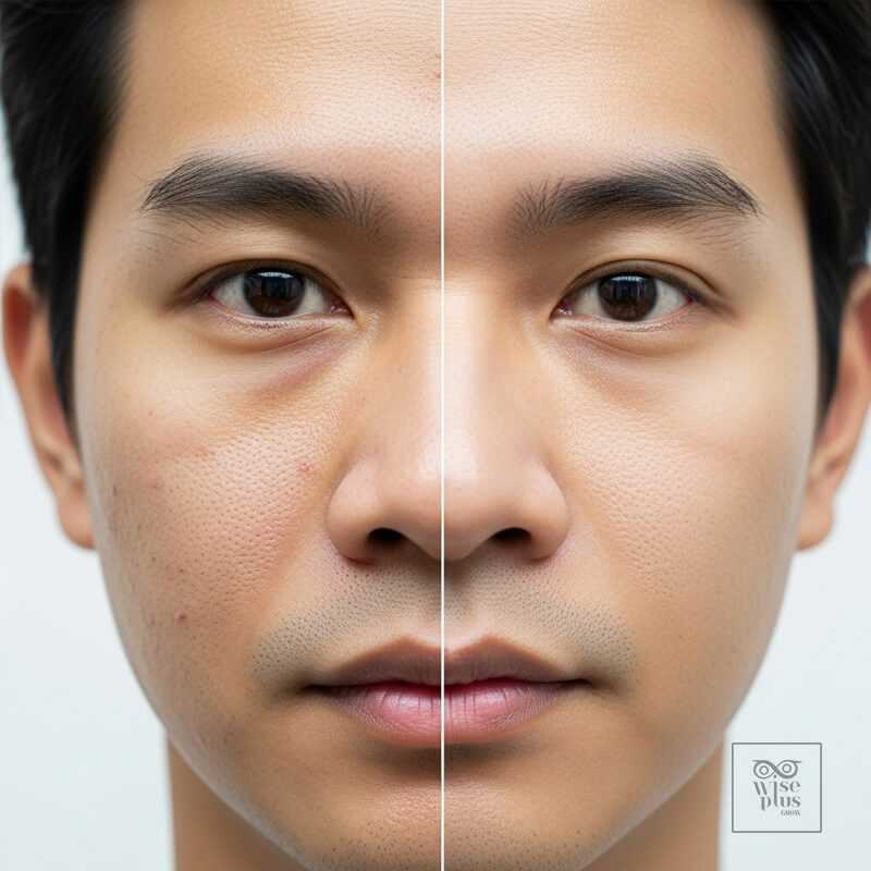 เปรียบเทียบผิวหน้าผู้ชายก่อนและหลังใช้สกินแคร์อย่างสม่ำเสมอ