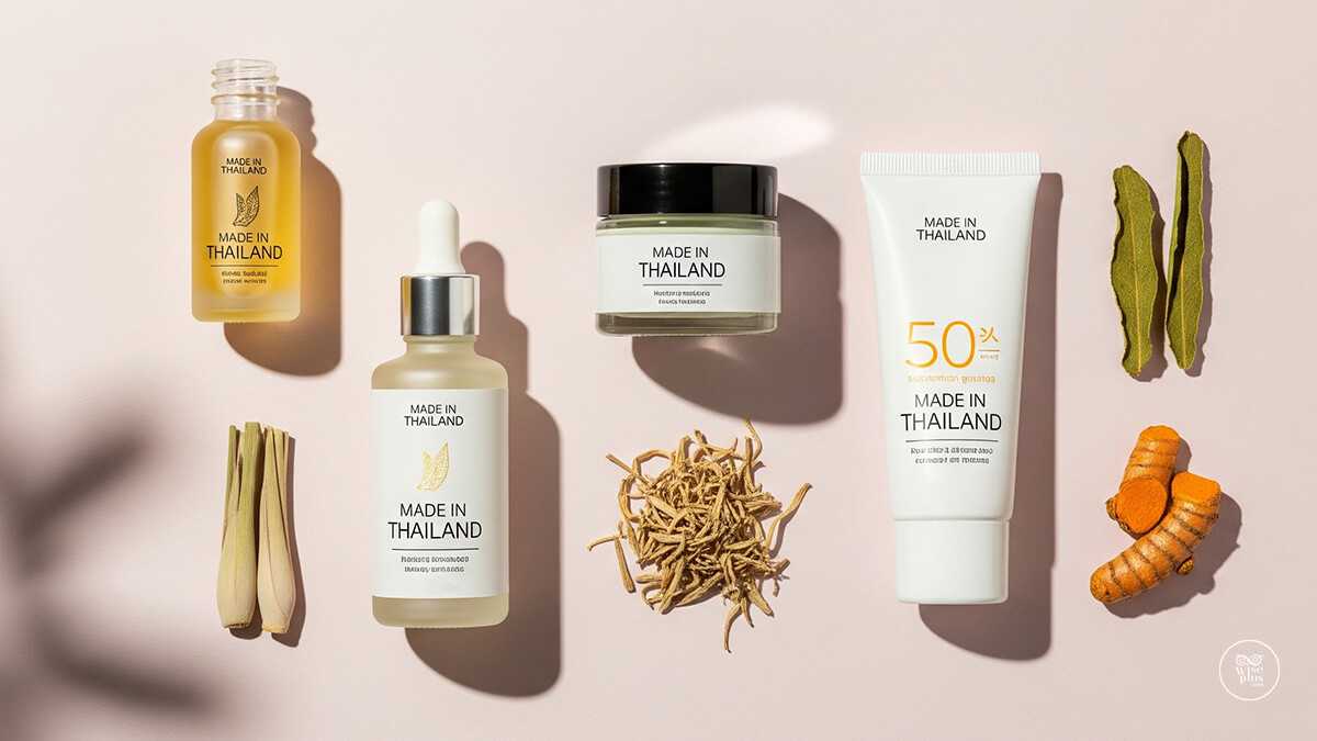สินค้าเครื่องสำอางไทยยอดนิยมปี 2025 เช่น เซรั่ม ครีมสมุนไพร