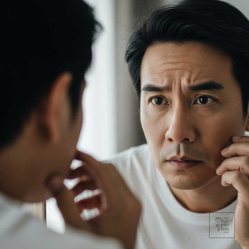 ผู้ชายตรวจผิวหน้าเพื่อลดเลือนริ้วรอย