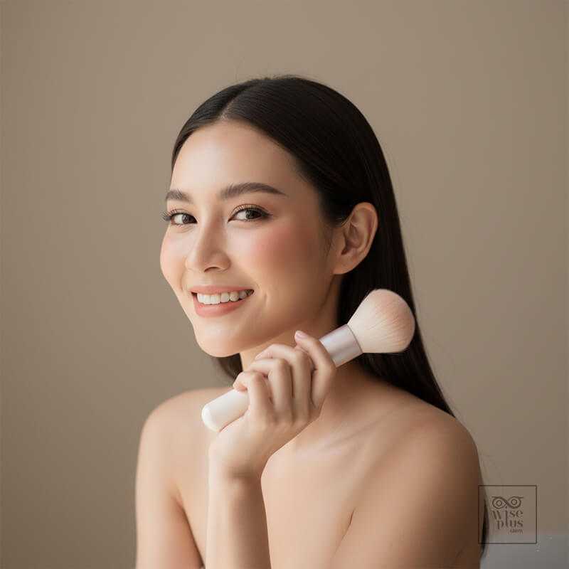 ตำแหน่งบลัชออนจากหน้าแก้มไล่สู่ขมับสำหรับลุคเนียน