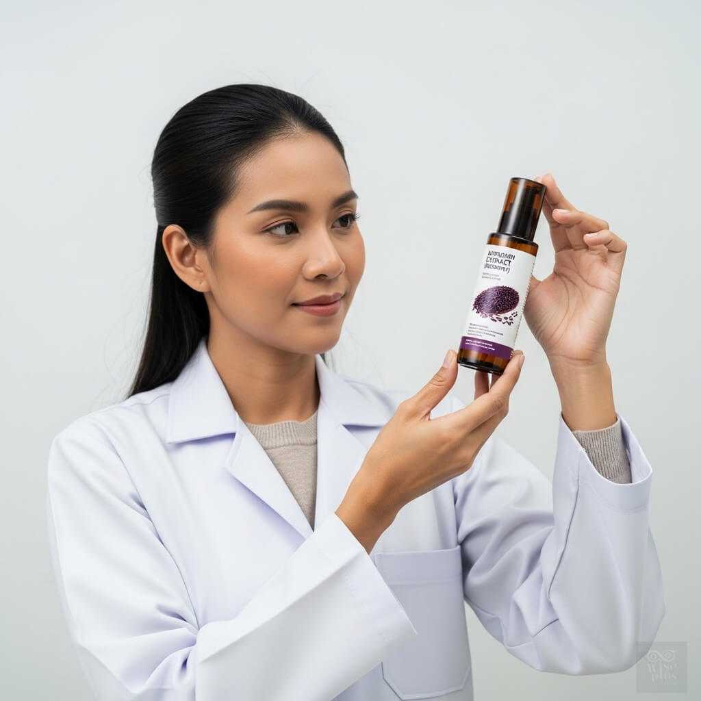 นักวิจัยสาวไทยถือขวดสารสกัดแอนโทไซยานินจากไรซ์เบอร์รี่