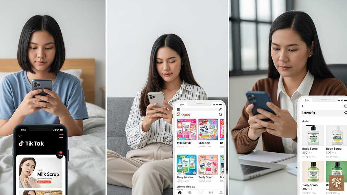 พฤติกรรมผู้ซื้อสครับน้ำนมบน Shopee Lazada TikTok โดยผู้หญิงไทย 3 กลุ่มวัย