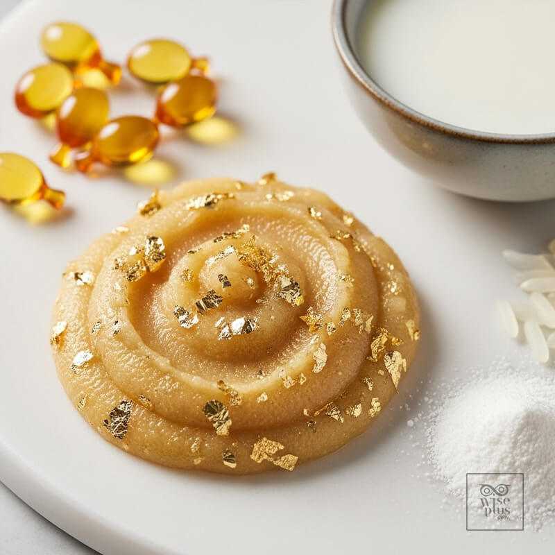 ส่วนผสมของสครับทองคำ เช่นทองคำบริสุทธิ์ วิตามินอี และคอลลาเจน