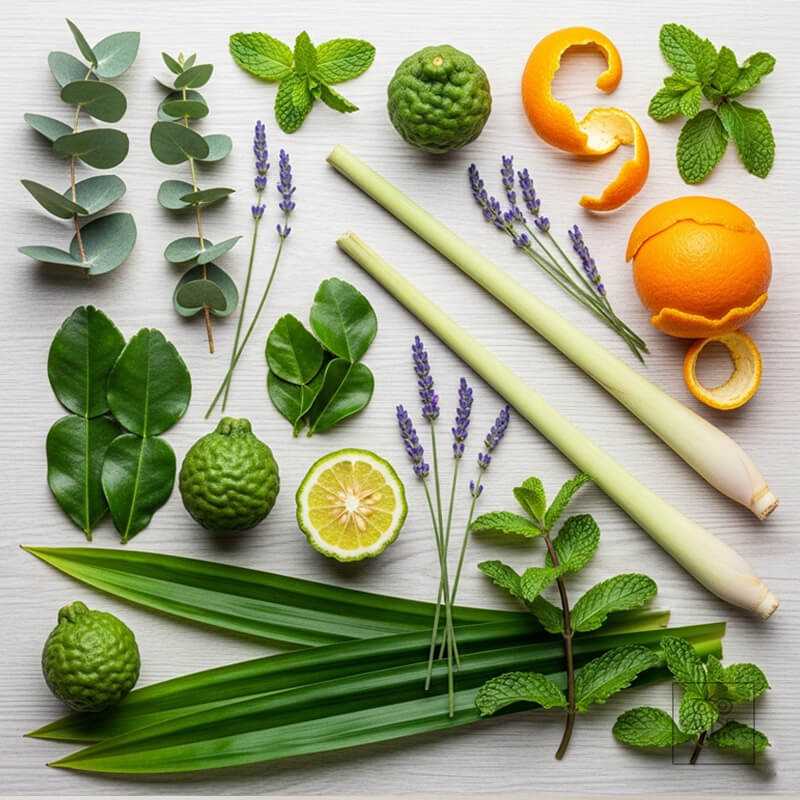 กลิ่นธรรมชาติยอดนิยมสำหรับน้ำยาซักผ้า เช่น ยูคาลิปตัส มะกรูด ตะไคร้ และใบเตย