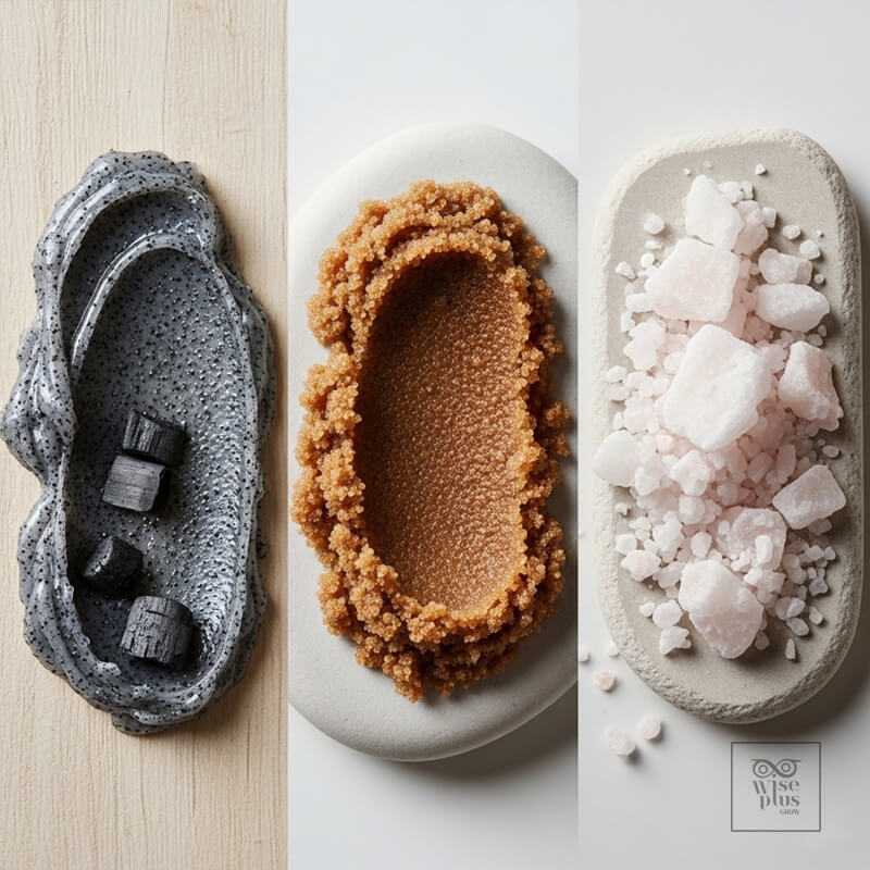 เปรียบเทียบเนื้อสัมผัสและคุณสมบัติของสครับถ่านไม้ไผ่ น้ำตาล และเกลือ