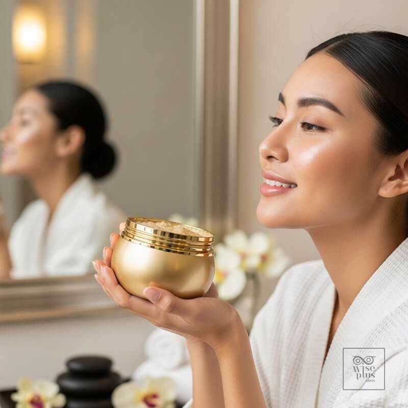 ผู้หญิงไทยผิวกระจ่างใสที่ใช้สครับทองคำบำรุงผิว