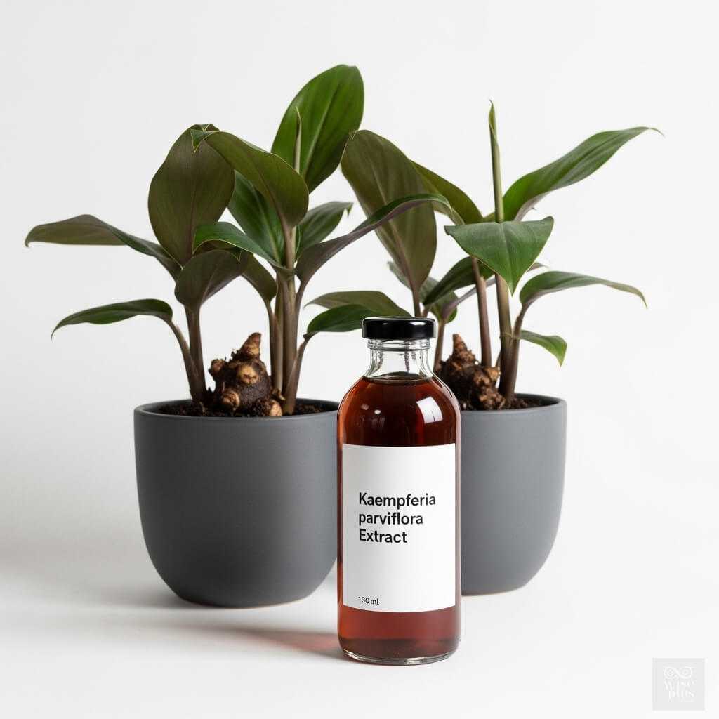 ขวดสารสกัดกระชายดำพร้อมต้นกระชายดำตกแต่งพื้นหลังสีขาว