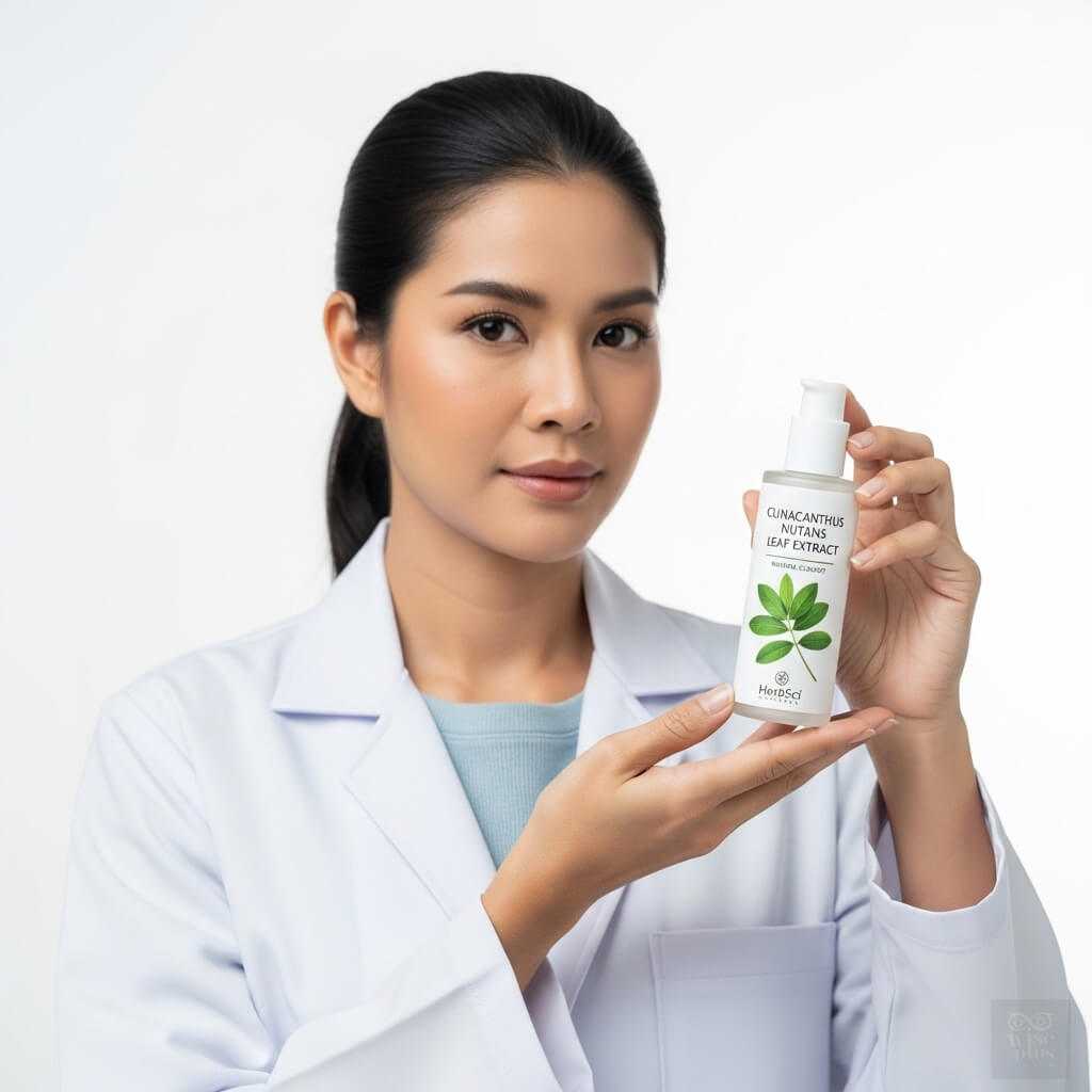 นักวิจัยสาวไทยถือขวดสารสกัดพญายอ