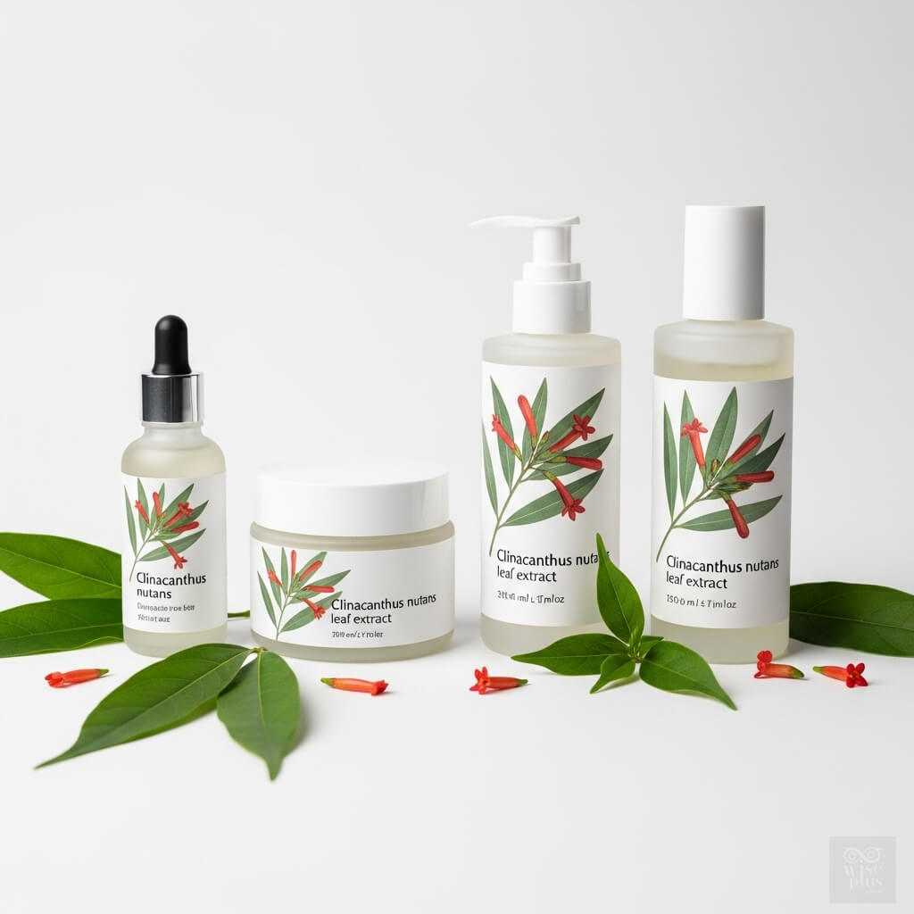 ขวดสกินแคร์จากสารสกัดพญายอตกแต่งด้วยใบและดอก