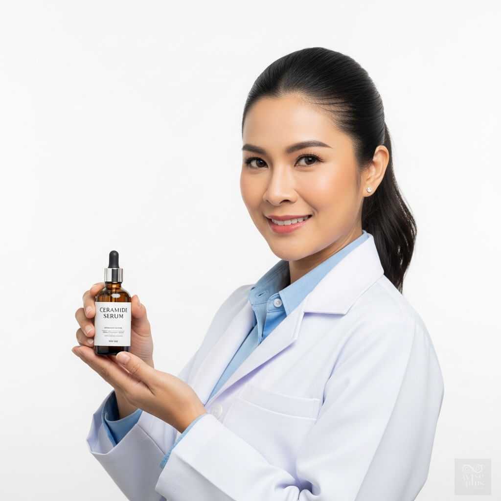 แพทย์ผิวหนังถือขวดเซรามายด์เซรั่ม แนะนำการบำรุงผิวให้แข็งแรงและชุ่มชื้น