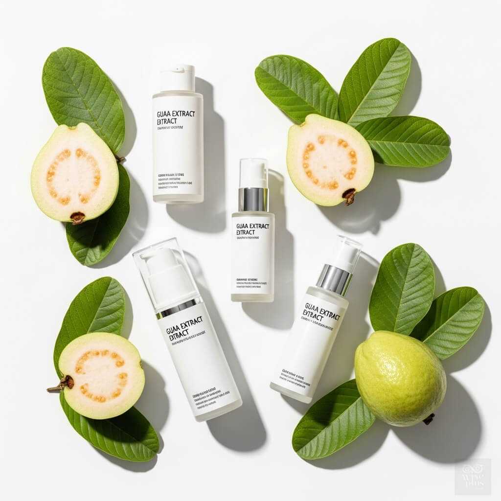 ขวดสกินแคร์จากสารสกัดฝรั่ง 4 แบบพร้อมผลและใบฝรั่งตกแต่ง