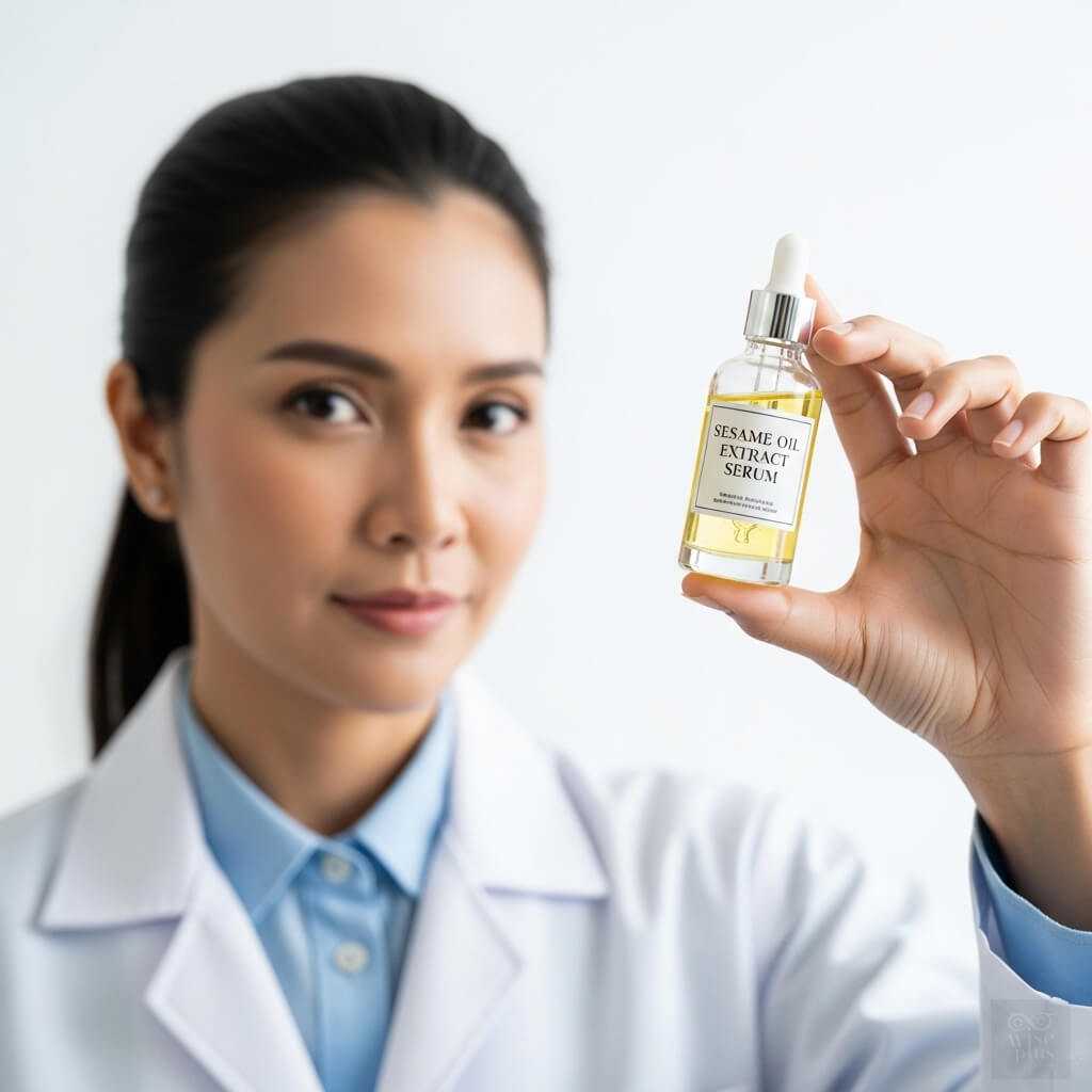 นักวิจัยสาวไทยถือขวดสารสกัดน้ำมันงา Sesame Oil