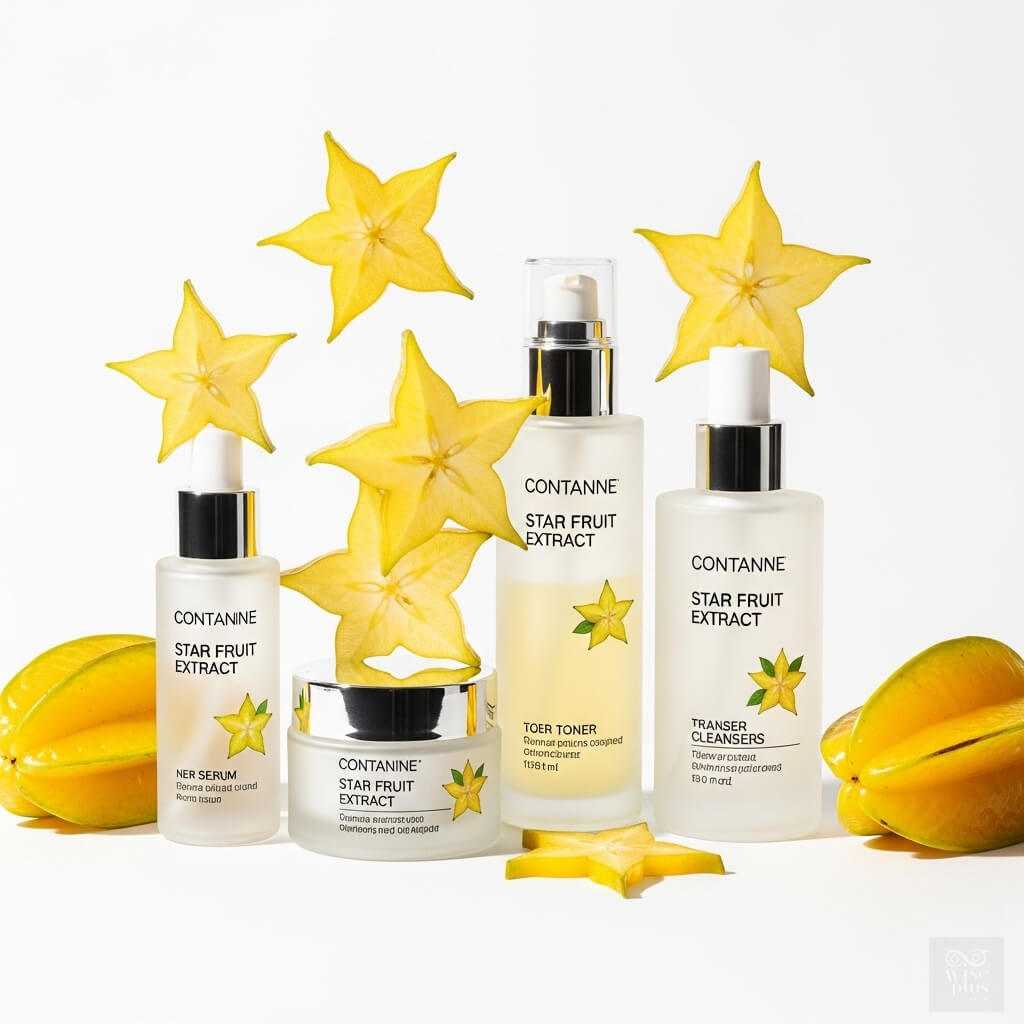 ขวดสกินแคร์จากสารสกัดมะเฟือง 4 แบบพร้อมผลมะเฟืองตกแต่ง