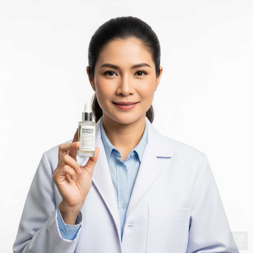 นักวิจัยสาวไทยถือขวดเซรั่มสารสกัดไผ่ Bamboo Extract