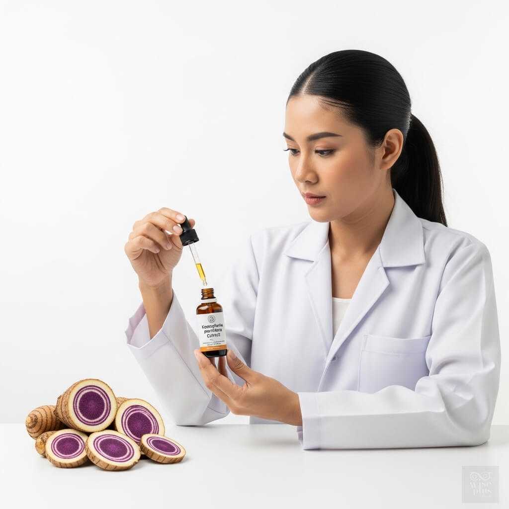 นักวิจัยสาวไทยถือขวดสารสกัดกระชายดำ