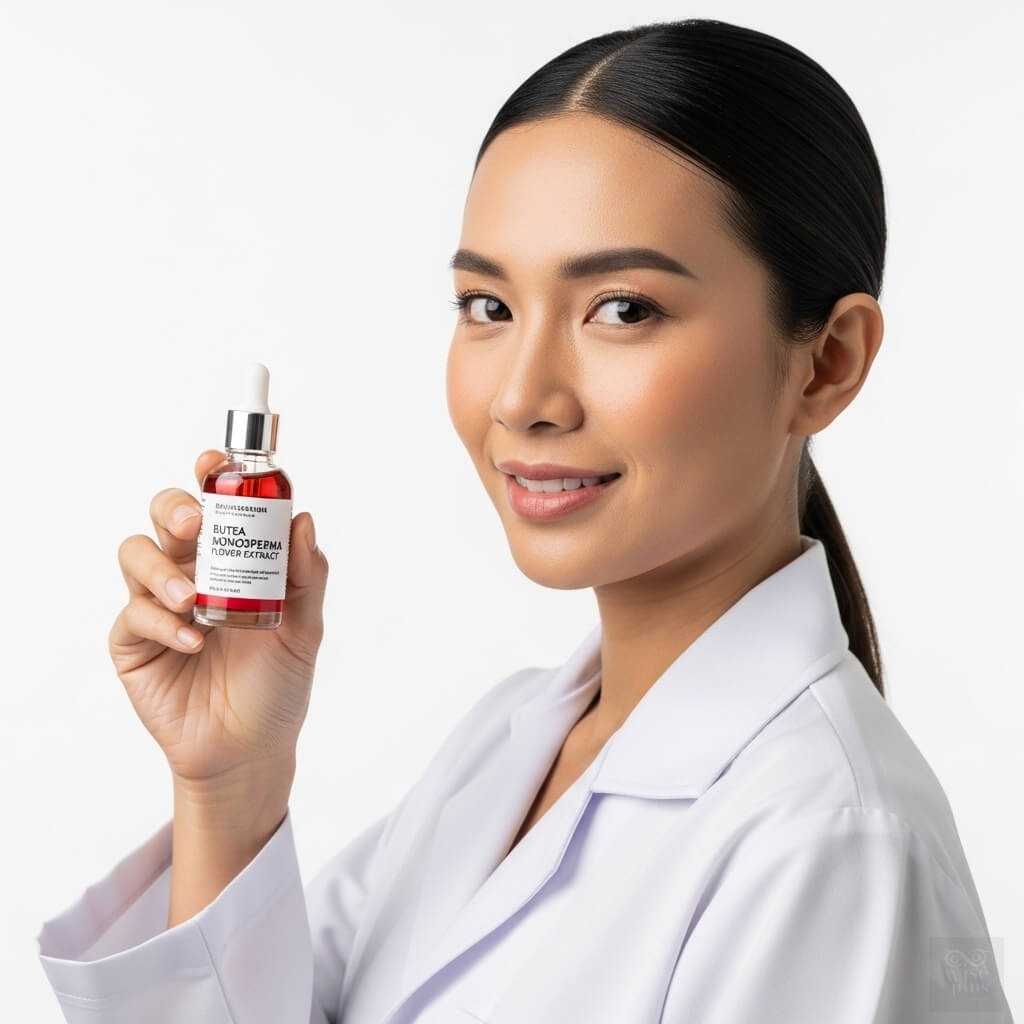 นักวิจัยสาวไทยถือขวดเซรั่มสารสกัดดอกทองกวาว