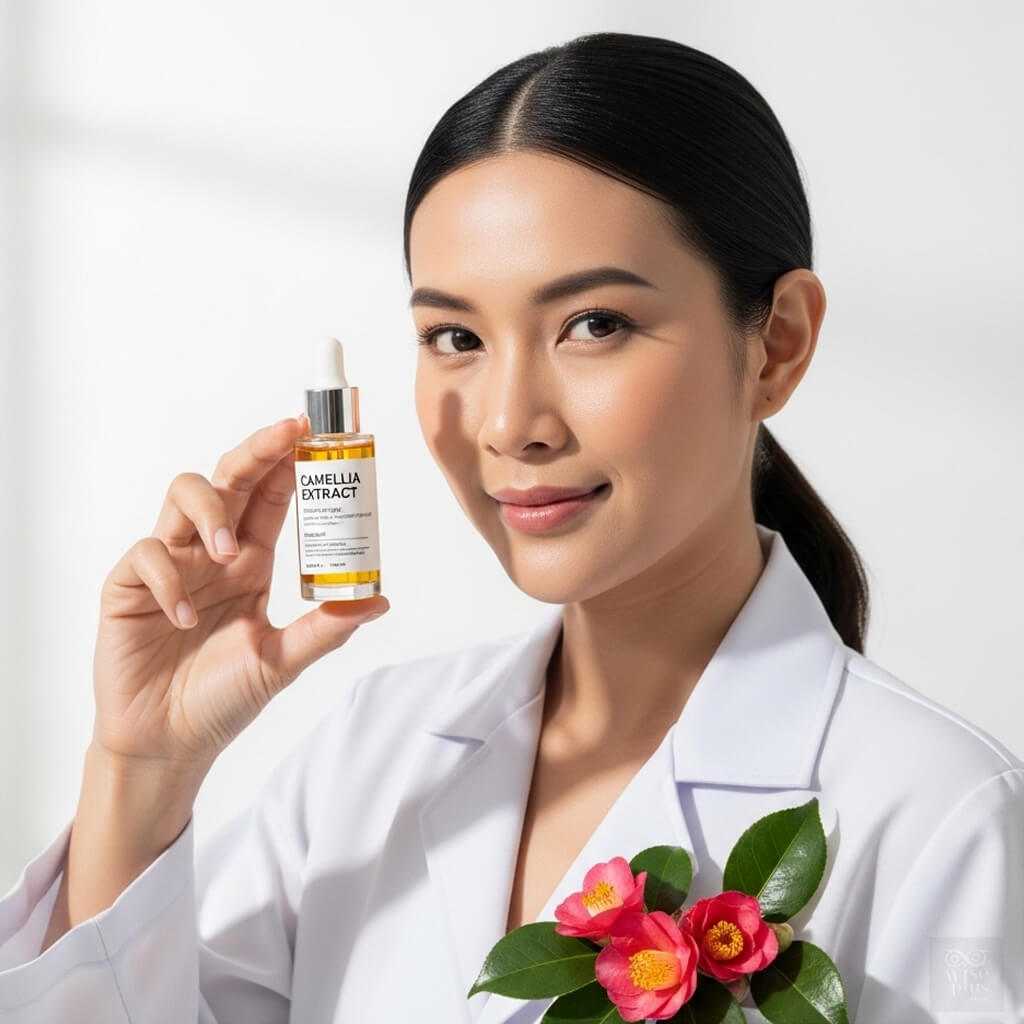 นักวิจัยไทยถือขวดเซรั่มสารสกัดดอกคามิเลีย