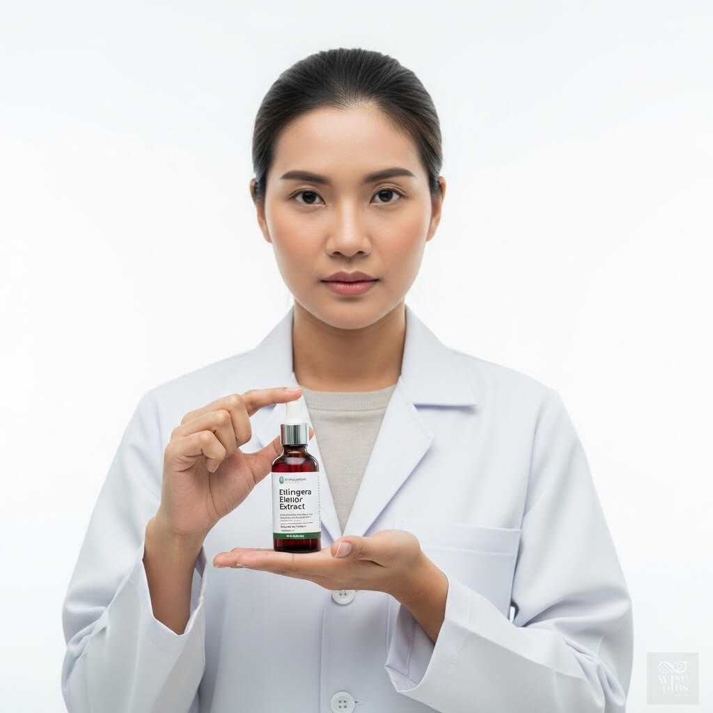 นักวิจัยสาวไทยถือขวดเซรั่มสารสกัดดอกดาหลา