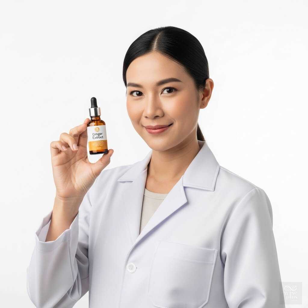 นักวิจัยสาวไทยถือขวดเซรั่มสารสกัดขิง Ginger Extract
