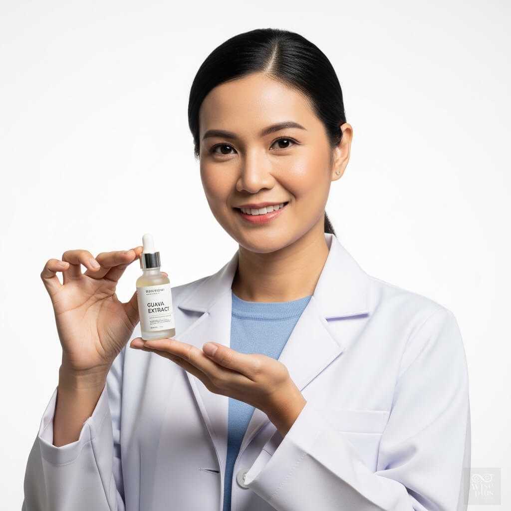 นักวิจัยสาวไทยถือขวดสารสกัดฝรั่งในห้องแล็บ